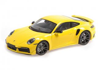 PORSCHE 911 (992) TURBO S COUPE SPORT DESIGN - 2021 - YELLOW Minichamps 1:18 Metallmodell mit zu öffnenden Türen und Haube(n)