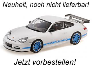 PORSCHE 911 GT3 RS - 2002 - WHITE W/BLUE STRIPES Minichamps 1:18 Metallmodell, Türen, Motorhaube... nicht zu öffnen  Liefertermin nicht bekannt