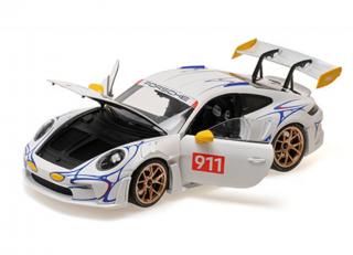 PORSCHE 911 (992) GT3RS - 2023 - WHITE/YELLOW DECOR Minichamps 1:18 Metallmodell mit zu öffnenden Hauben und Türen!