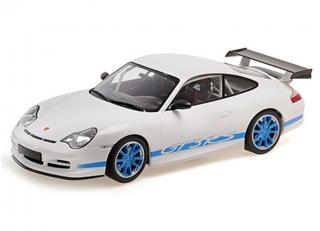 PORSCHE 911 GT3 RS - 2002 - WHITE W/BLUE STRIPES Minichamps 1:18 Metallmodell, Türen, Motorhaube... nicht zu öffnen