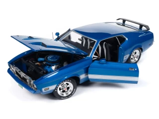 Ford Mustang Mach 1 1973 (Class of 1973) 3K Blue Glow with Silver Mach 1 stripes Auto World 1:18