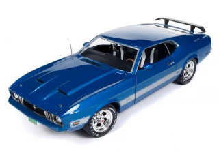 Ford Mustang Mach 1 1973 (Class of 1973) 3K Blue Glow with Silver Mach 1 stripes Auto World 1:18