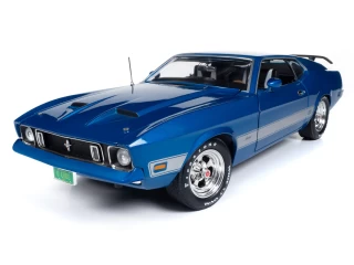 Ford Mustang Mach 1 1973 (Class of 1973) 3K Blue Glow with Silver Mach 1 stripes Auto World 1:18