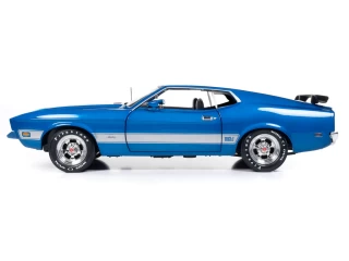 Ford Mustang Mach 1 1973 (Class of 1973) 3K Blue Glow with Silver Mach 1 stripes Auto World 1:18