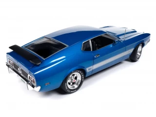 Ford Mustang Mach 1 1973 (Class of 1973) 3K Blue Glow with Silver Mach 1 stripes Auto World 1:18