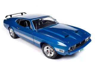 Ford Mustang Mach 1 1973 (Class of 1973) 3K Blue Glow with Silver Mach 1 stripes Auto World 1:18